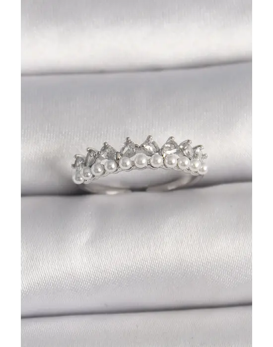  Gümüş Zirkon Taşlı İncili Taç Model Ayarlanabilir Çelik Yüzük