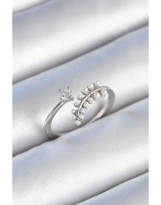  Gümüş Zirkon Taşlı İncili Yaprak Model Çelik Yüzük