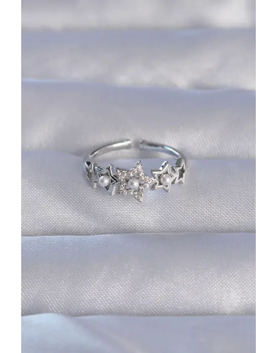  Gümüş Zirkon Taşlı İncili Yıldız Model Ayarlanabilir Yüzük