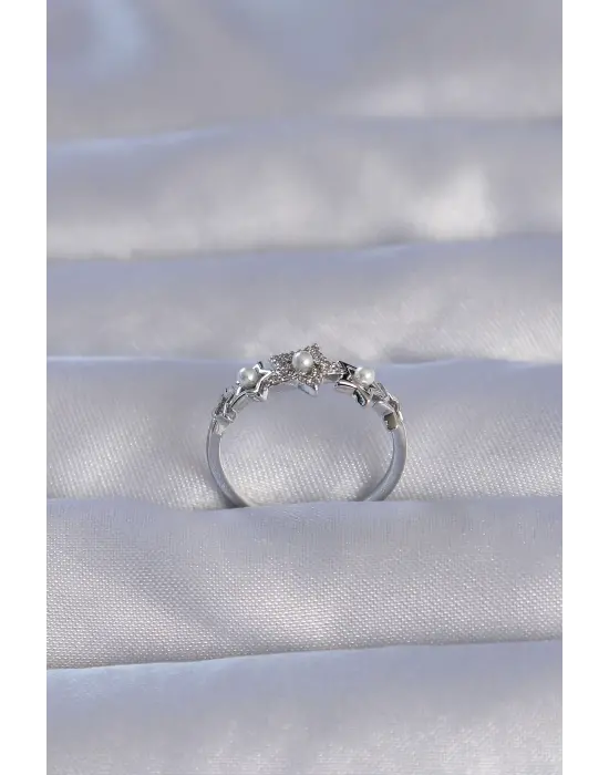  Gümüş Zirkon Taşlı İncili Yıldız Model Ayarlanabilir Yüzük