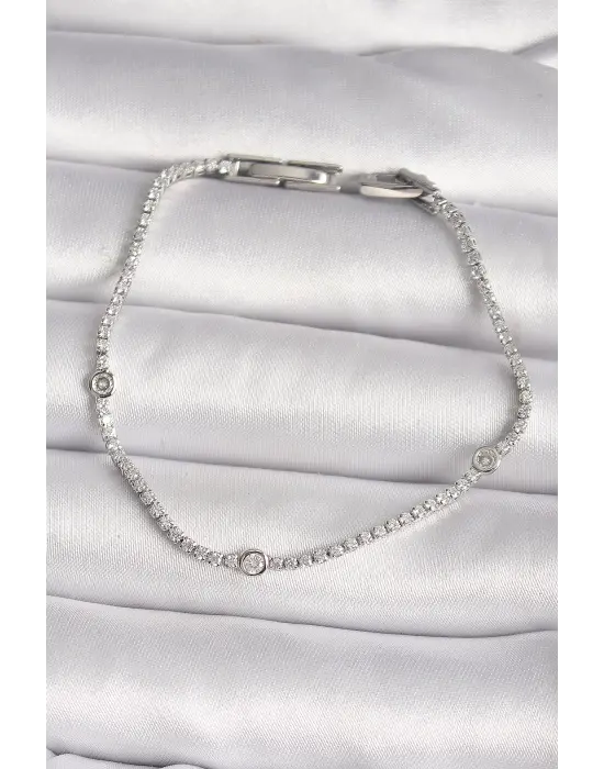 Pirinç Gümüş Renk Zirkon Taşlı Kadın Bileklik