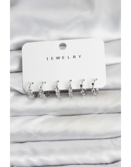 Pirinç Gümüş Renk Zirkon Taşlı Kadın Küpe Seti