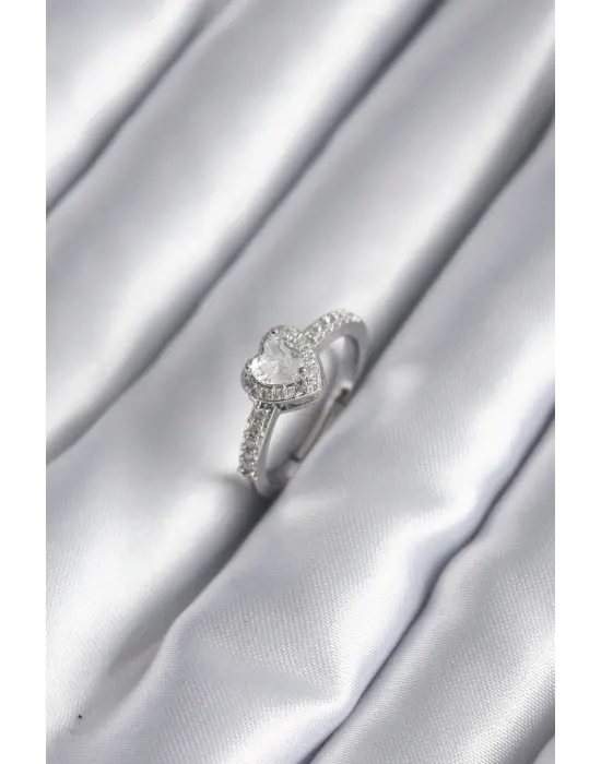  Gümüş Zirkon Taşlı Kalp Charm Model Çelik Yüzük