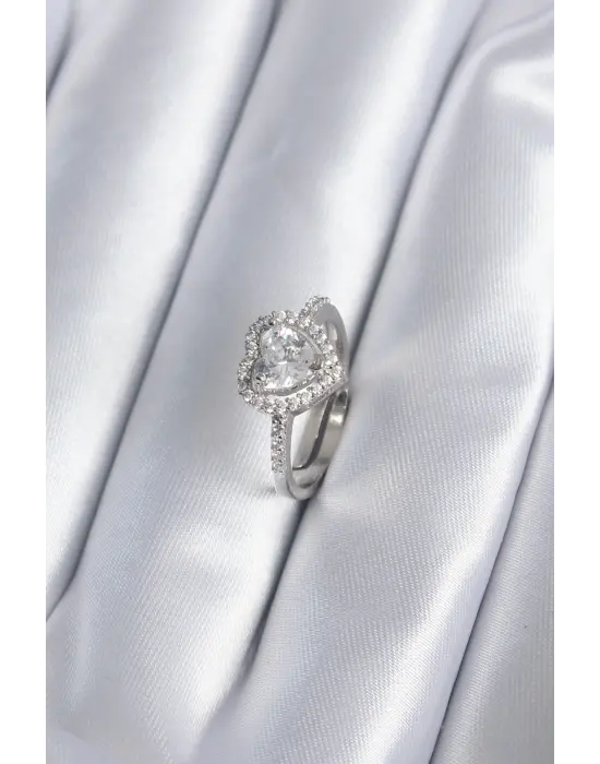  Gümüş Zirkon Taşlı Kalp Charm Model Çelik Yüzük