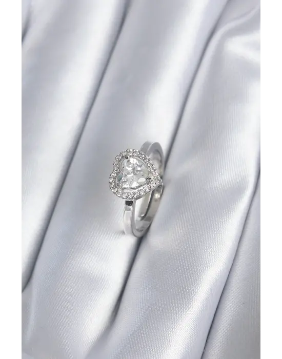  Gümüş Zirkon Taşlı Kalp Charm Model Çelik Yüzük