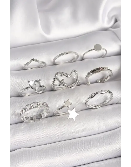 Pirinç Gümüş Renk Zirkon Taşlı Kalp Figür Yıldız Detay Kadın Yüzük Kombini