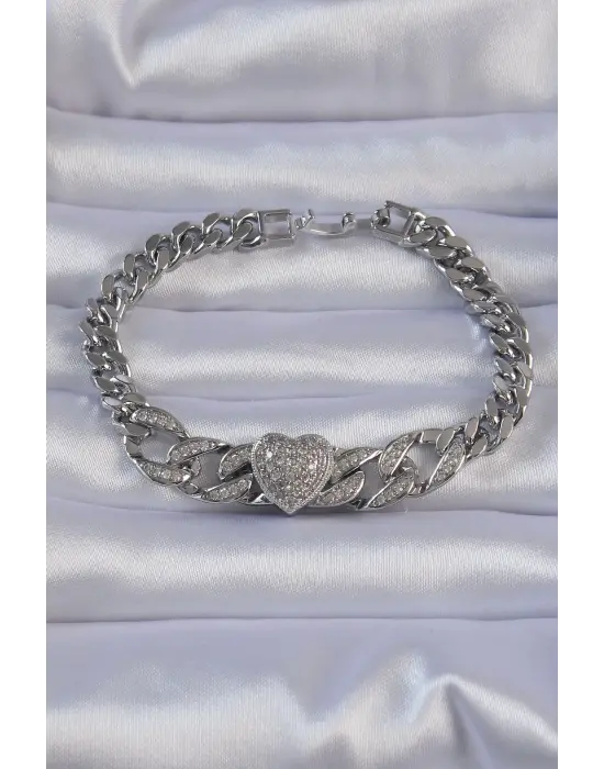 Pirinç Gümüş Renk Zirkon Taşlı Kalp Figürlü Zincir Bileklik