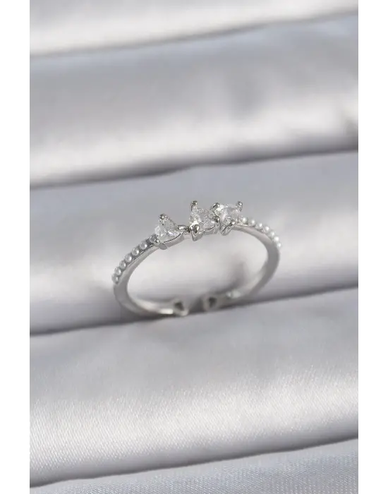  Gümüş Zirkon Taşlı Kalp İnci Detay Ayarlanabilir Model Çelik Yüzük