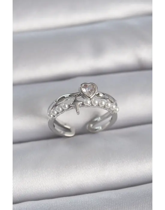  Gümüş Zirkon Taşlı Kalp İnci Yıldız Detay Ayarlanabilir Model Çelik Yüzük