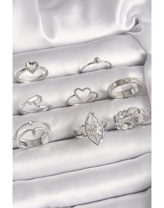 Pirinç Gümüş Renk Zirkon Taşlı Kalp Kutup Yıldız Figür Kadın Yüzük Kombini