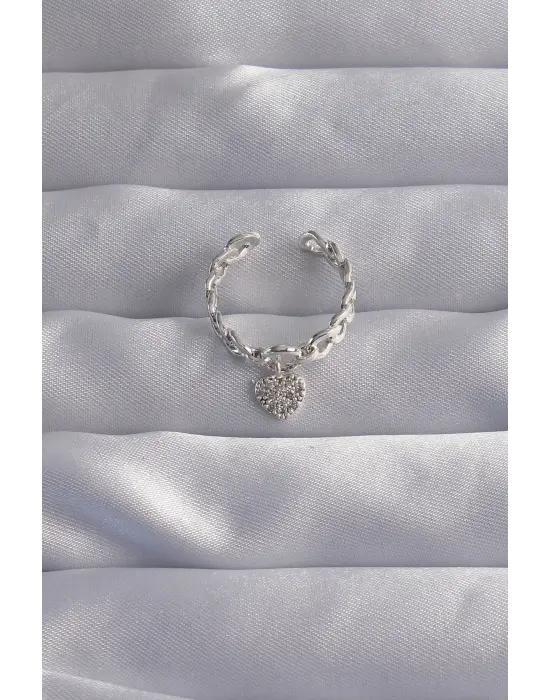  Gümüş Zirkon Taşlı Kalp Model Ayarlamalı Yüzük