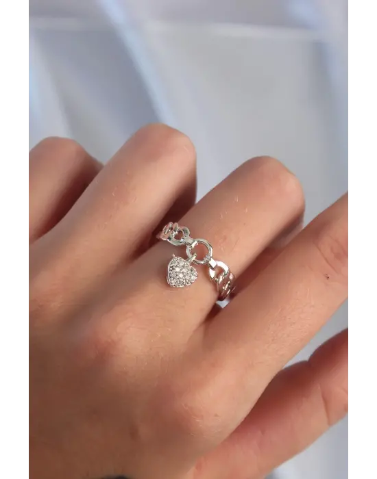  Gümüş Zirkon Taşlı Kalp Model Ayarlamalı Yüzük