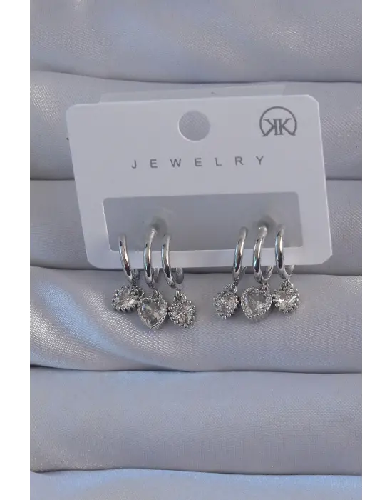  Gümüş Zirkon Taşlı Kalp Model Çoklu Görünüm Yarım Halka Küpe