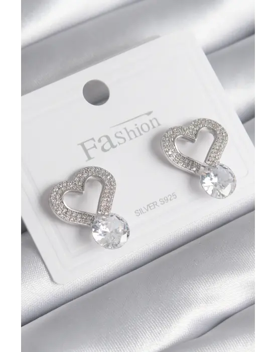  Gümüş Zirkon Taşlı Kalp Model Damla Zirkon Taş Detay Çelik Küpe