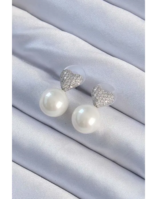  Gümüş Zirkon Taşlı Kalp Model İnci Tasarım Çelik Küpe