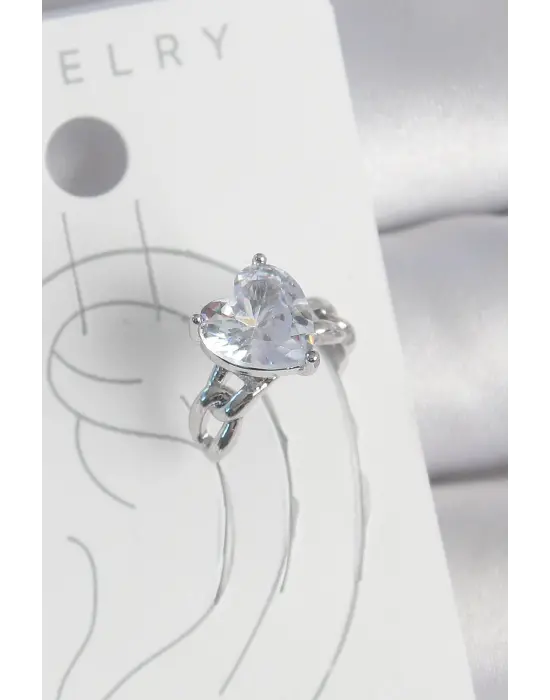 Pirinç Gümüş Renk Zirkon Taşlı Kalp Model Kadın Kıkırdak Küpe