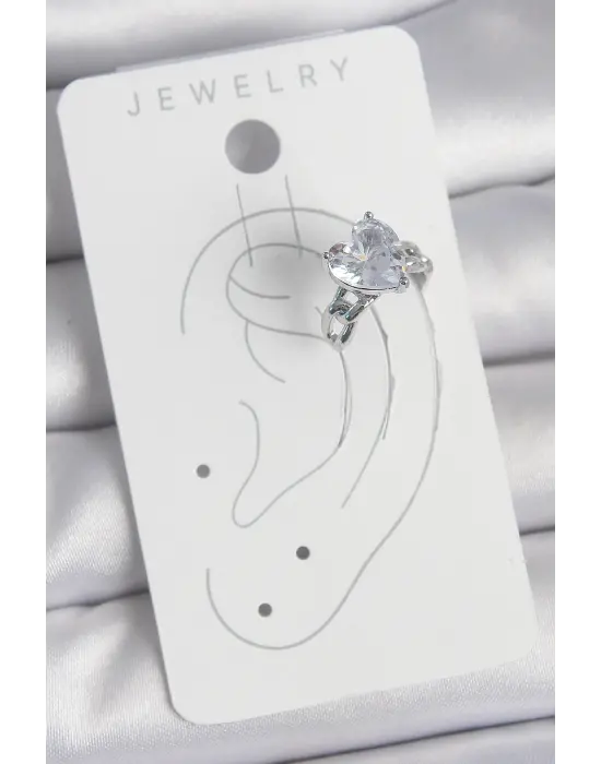 Pirinç Gümüş Renk Zirkon Taşlı Kalp Model Kadın Kıkırdak Küpe