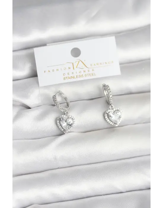 Pirinç Gümüş Renk Zirkon Taşlı Kalp Model Kadın Küpe