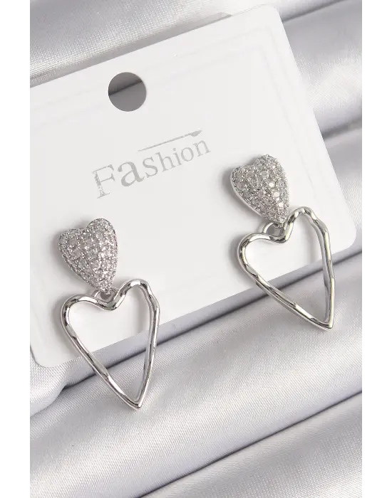  Gümüş Zirkon Taşlı Kalp Model Çelik Küpe