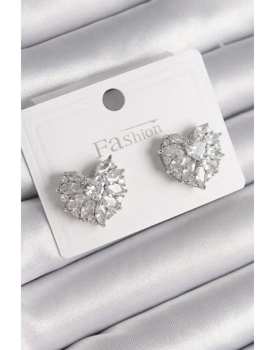  Gümüş Zirkon Taşlı Kalp Model Çelik Küpe