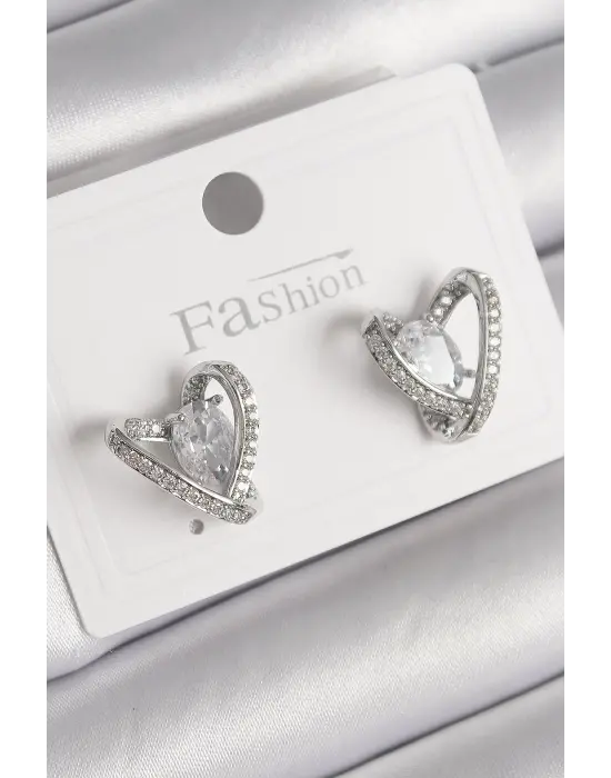  Gümüş Zirkon Taşlı Kalp Model Çelik Küpe