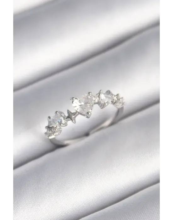  Gümüş Zirkon Taşlı Kalp Model Yıldız Detay Çelik Yüzük