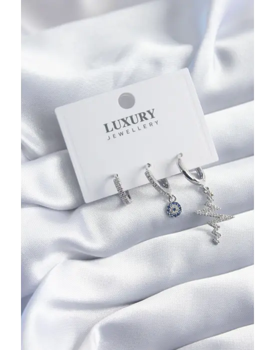 Pirinç Gümüş Renk Zirkon Taşlı Kalp Ritim Model Nazar Boncuk Detay 3lü Kadın Küpe Seti