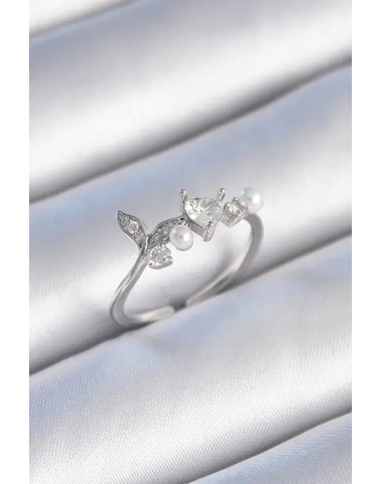  Gümüş Zirkon Taşlı Kalp Yaprak Model İnci Detay Çelik Yüzük