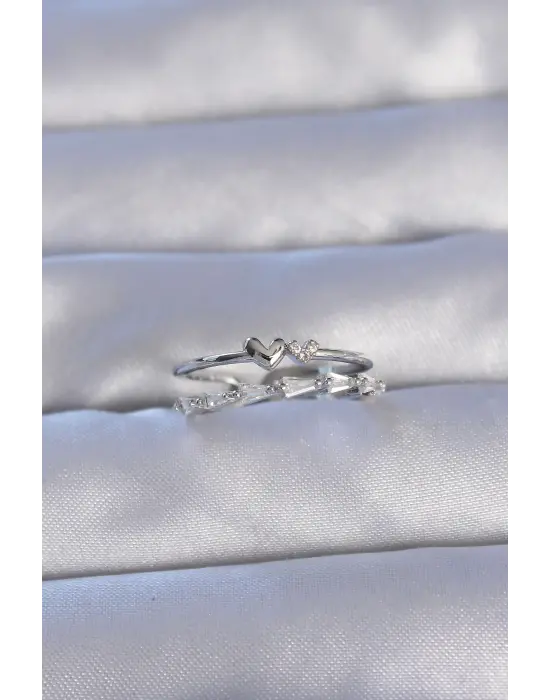  Gümüş Zirkon Taşlı Kalpli 2li Görünüm Ayarlanabilir Yüzük