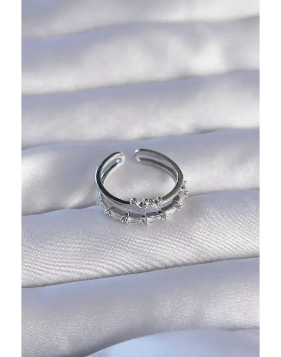  Gümüş Zirkon Taşlı Kalpli 2li Görünüm Ayarlanabilir Yüzük