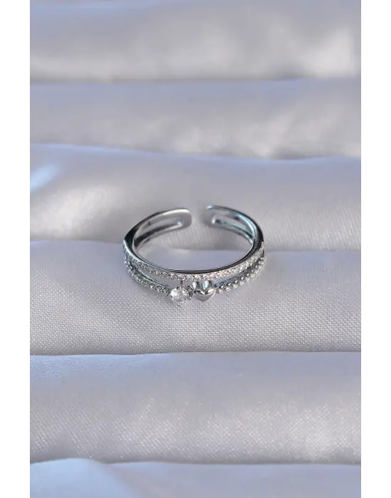  Gümüş Zirkon Taşlı Kalpli Su Yolu Model Ayarlanabilir Yüzük