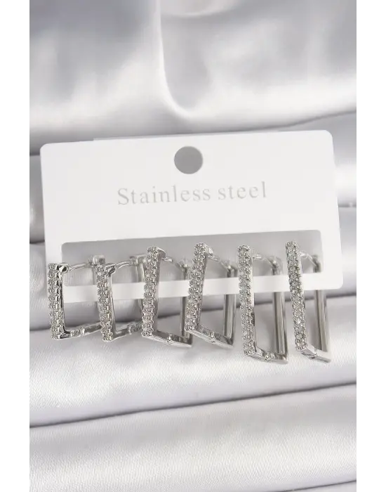 Pirinç Gümüş Renk Zirkon Taşlı Kare 3 Çift Kare Model Kadın Küpe