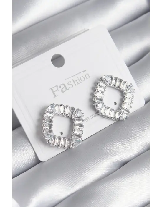  Gümüş Zirkon Taşlı Kare Model Çelik Küpe