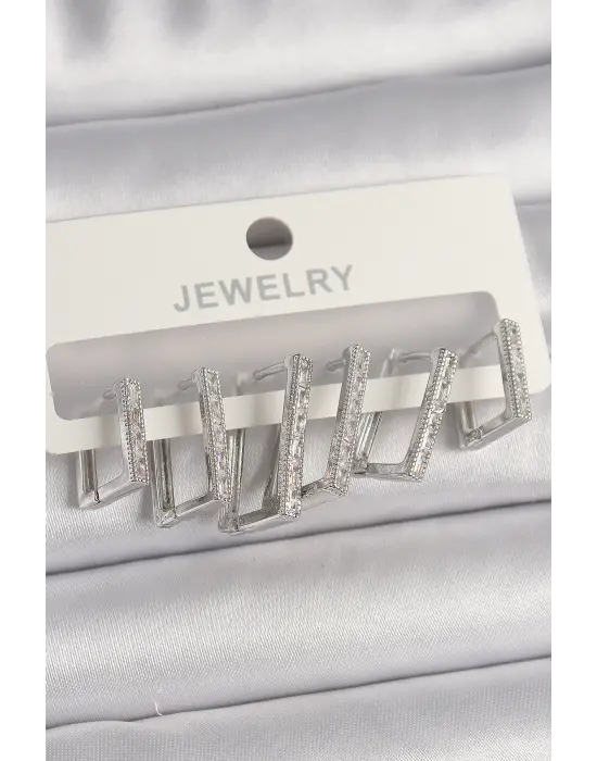  Gümüş Zirkon Taşlı Kare Model Çelik Küpe Seti