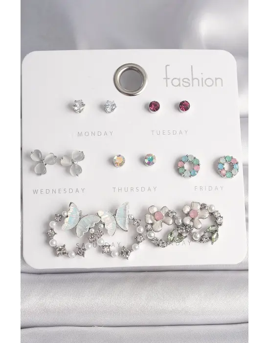  Gümüş Zirkon Taşlı Kelbekli Çiçekli Halka Model 7 Çift Çelik Küpe Seti