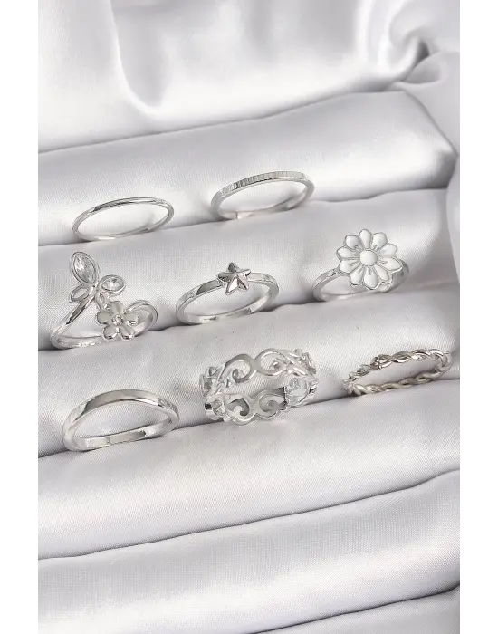 Pirinç Gümüş Renk Zirkon Taşlı Kelebek Figür Çiçek Yıldız Detay Kadın Yüzük Kombini