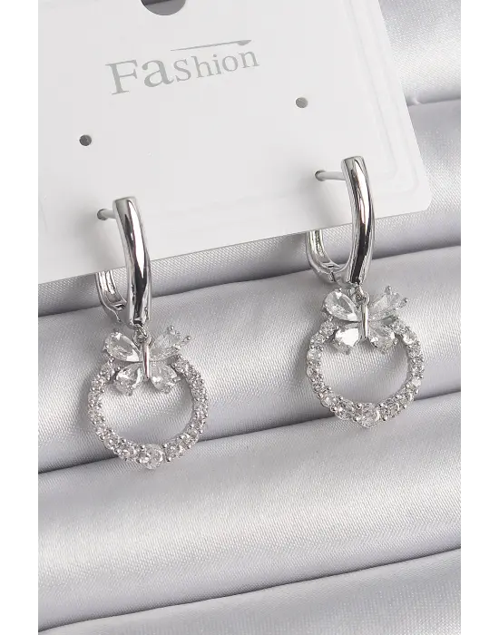  Gümüş Zirkon Taşlı Kelebek Figür Sallantı Detay Çelik Küpe