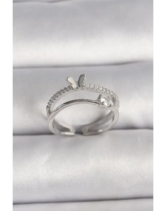  Gümüş Zirkon Taşlı Kelebek Figürlü Ayarlanabilir Yüzük