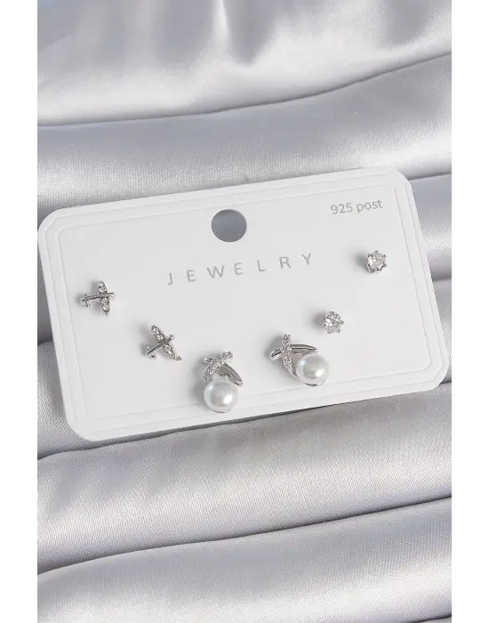 Pirinç Gümüş Renk Zirkon Taşlı Kelebek Model İnci Detay 925 Ayar Gümüş Çivi Kadın Küpe Seti