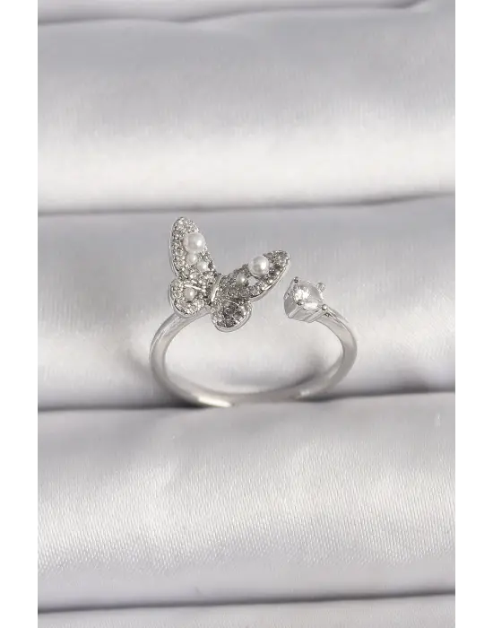  Gümüş Zirkon Taşlı Kelebek Model İnci Detay Ayarlanabilir Yüzük