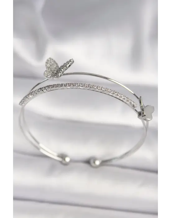 Pirinç Gümüş Renk Zirkon Taşlı Kelebek Model Kadın Bileklik