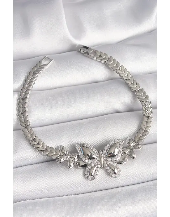 Pirinç Gümüş Renk Zirkon Taşlı Kelebek Model Kadın Bileklik