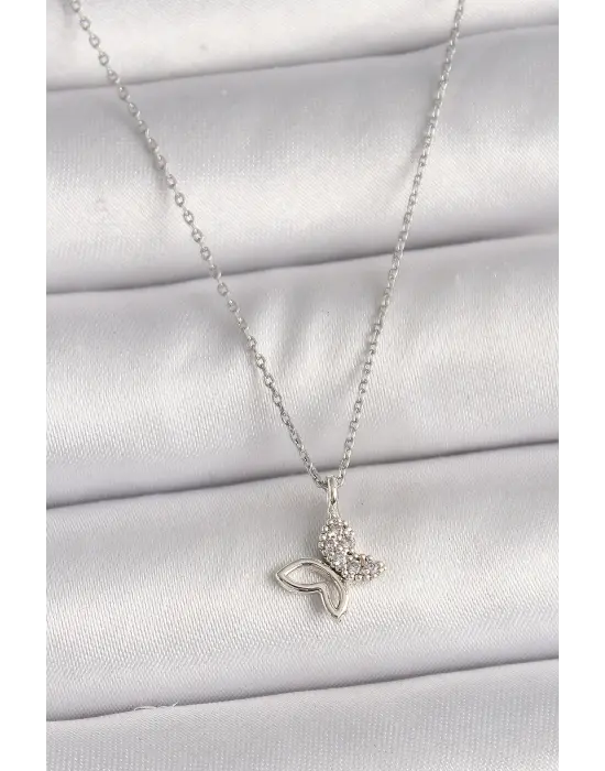 Pirinç Gümüş Zirkon Taşlı Kelebek Model Çelik Kolye