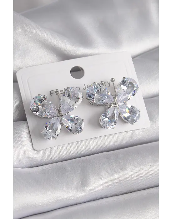  Gümüş Zirkon Taşlı Kelebek Model Çelik Küpe