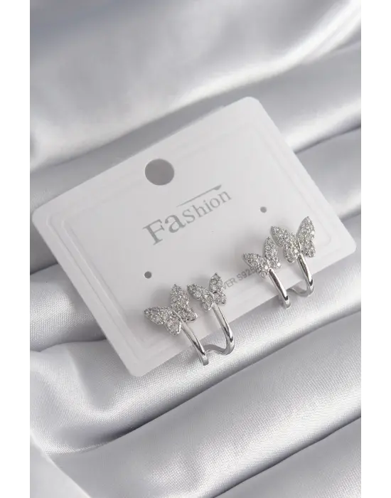  Gümüş Zirkon Taşlı Kelebek Model Çelik Küpe