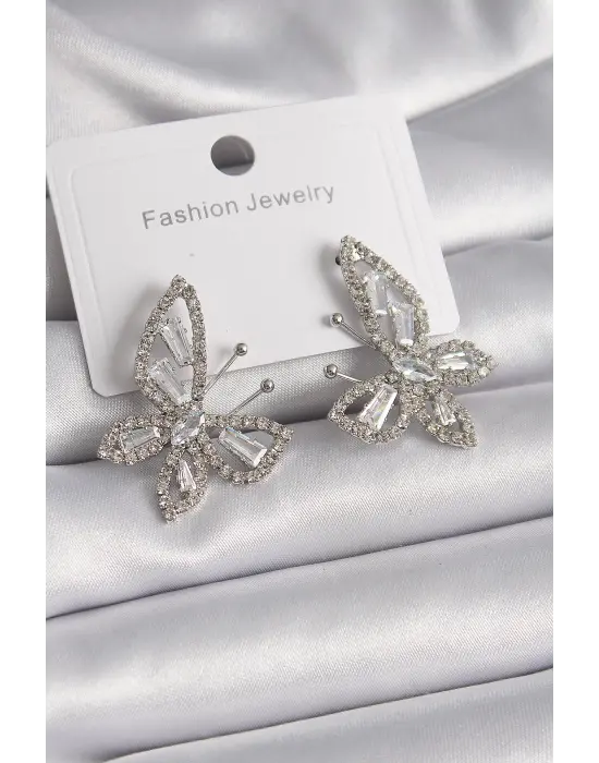  Gümüş Zirkon Taşlı Kelebek Model Çelik Küpe