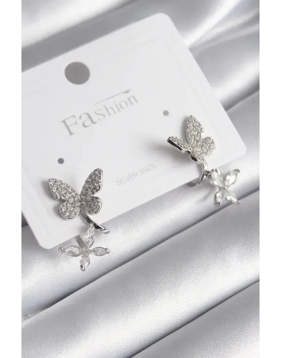  Gümüş Zirkon Taşlı Kelebek Model Çelik Küpe