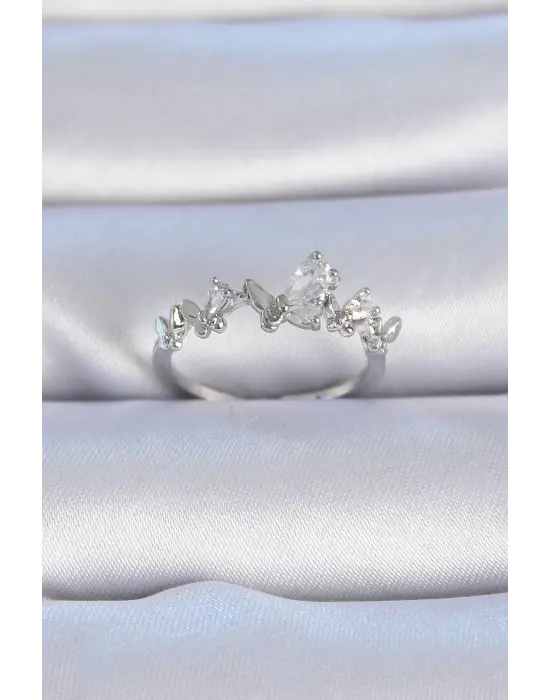  Gümüş Zirkon Taşlı Kelebek Model Çelik Yüzük