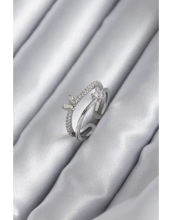  Gümüş Zirkon Taşlı Kelebek Model Çelik Yüzük