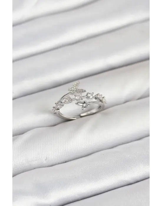 Pirinç Gümüş Renk Zirkon Taşlı Kelebek Model Kadın Yüzük